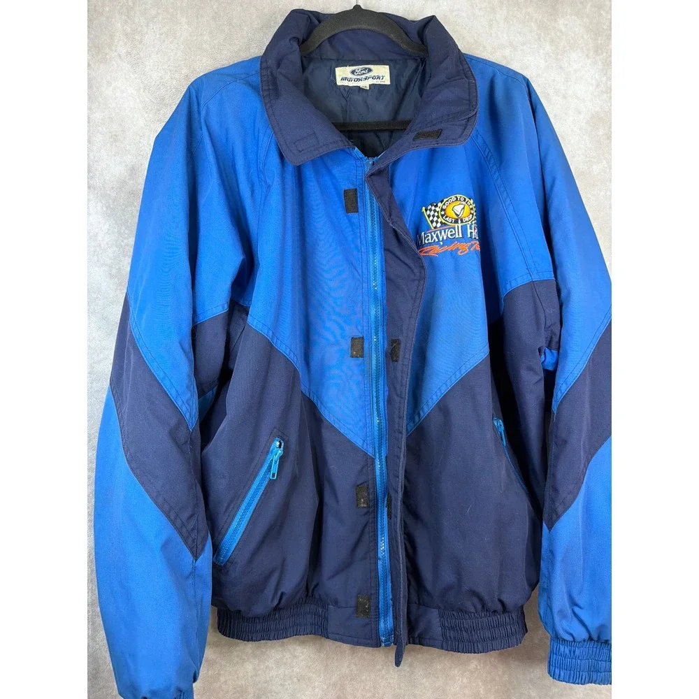 VTG 90s Ford Motorsport‎ Racing Jacket Mens XL Blue Maxwell House Racing Team